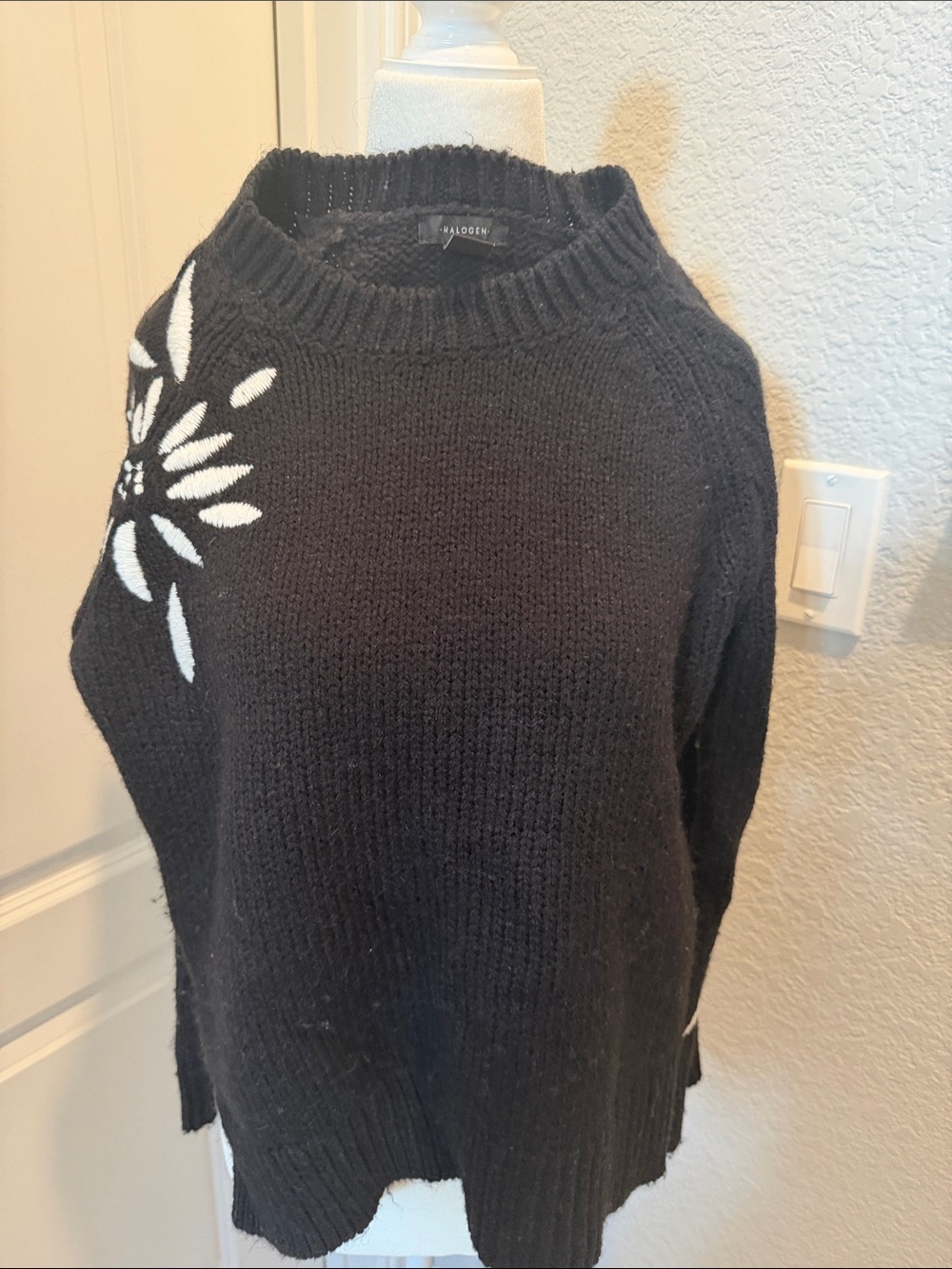 Halogen Black Crewneck Sweater with White Floral Detail